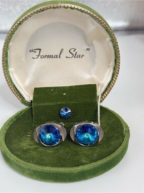 Formal star rivoli crystal multi-faceted Bermuda blue cuff links & tie pin